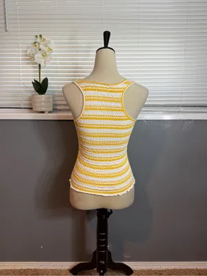 SO Yellow White Smocked Tank Top Size Small 100% Cotton Summer Beach thumbnail 5