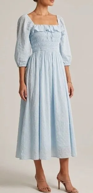 R.Vivimos Swiss Dot Smocked Maxi Dress Size Medium M‎ Light Blue Off Shoulder thumbnail 1