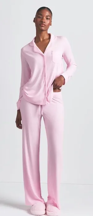 SKIMS NWT Sleep Long Sleeve Soft Pajama Set Pink Bloom Size XXS thumbnail 1