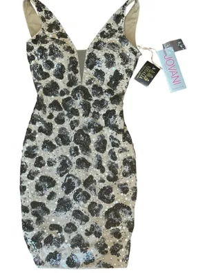 NWT Designer Jovani Sz.00 Mini Dress Sequin Leopard Print Nude Illusion Low Back thumbnail 1