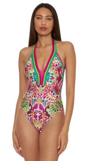 Trina Turk Hawaiian Garden Border Halter Plunge One Piece Swimsuit thumbnail 1