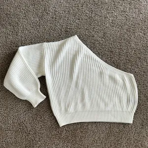 Cable Knit White One Shoulder Lantern Long Sleeve Pullover Sweater thumbnail 3