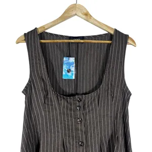 NWT Cider Pinstripe Mini Dress Brown Preppy Button Front Scoop Neck Size L thumbnail 2