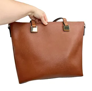 Faux Leather Brown Double Handle Red Lined Tote Bag Purse thumbnail 4
