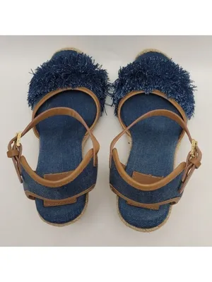 Tory Burch Wedge Espadrille Shaw Blue Denim Fringe Ankle Strap Sandals Size 8.5 thumbnail 7