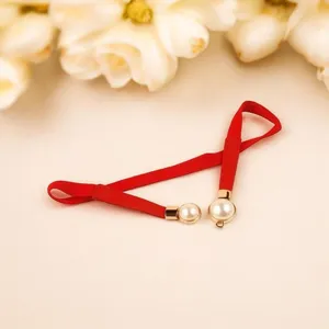 Red & gold pearl‎ belt Imitation Pearl Pair Buckle Thin Belt Monochrome Elastic thumbnail 8