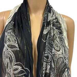 Source Unknown Rayon Scarf Wrap Sarong Black Metallic Gold Cream 22 x 72 Inches thumbnail 3