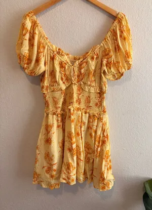 Sabo Skirt Milota Dress Size M Yellow Floral Puff Sleeves Mini Boho Summer thumbnail 1