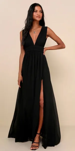 Lulus Maxi Dress XS Heavenly Hues Black Deep V-Neck Side Slit Gown Prom Romantic thumbnail 1