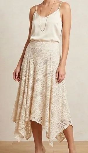 John Paul Richard Skirt Cream Lace Handkerchief Hem Boho Midi Cottage Festival L thumbnail 1