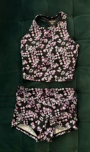 knix‎ Black Floral High-Neck Swim Set with Pink & White Flowers thumbnail 1