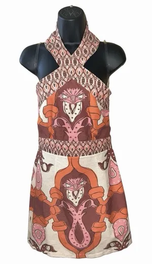 Soul of Mu Halter Mini Dress Beige Salmon Geometric Floral Linen Blend Large NEW thumbnail 1