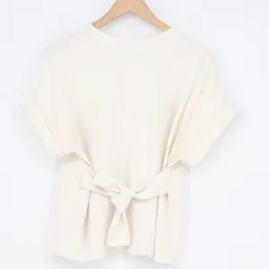 Express Womens Medium Cream Short Sleeve Cuffed Tie Back Knit T-Shirt Top thumbnail 6