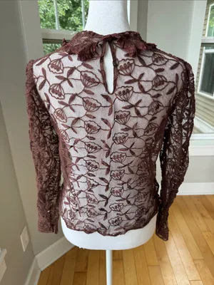 Vintage Brown Floral Lace Ruffle Blouse thumbnail 4