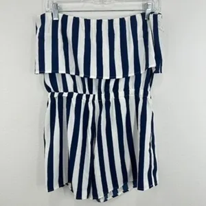 Lulus Striped Strapless Romper Women's Size L Blue White Ruffle Layered‎ Casual thumbnail 8