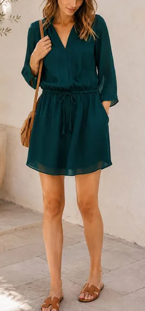 Aritzia Babaton Bennet Silk Drawstring Tie Waisted Dress M Forest Green Teal thumbnail 1