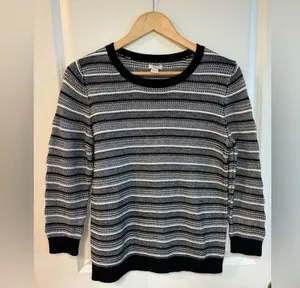 J.Crew Factory 100% Cotton Crew Neck Sweater Women's M Black & Cream Stripped thumbnail 1