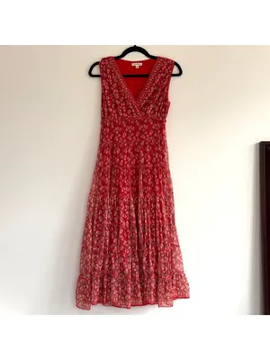 Max Studio Red Floral Tiered Maxi Stretch Dress Sleeveless Stretchy Boho thumbnail 4