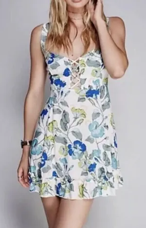 Free People Boho Floral Lattice Lovers Slip Mini Dress White L thumbnail 1