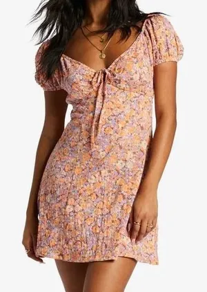 Billabong Dream Girl Mini Dress Womens M Orange Floral‎ Cottagecore Soft Girl thumbnail 1