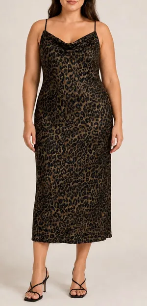 Zara Olive Green Leopard Print Satin Cowl Neck Slip Midi Dress thumbnail 1