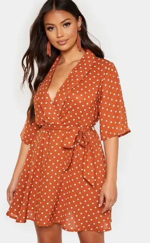 PrettyLittleThing Rust Polka Dot Wrap Mini Dress thumbnail 1