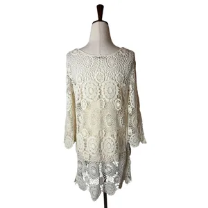 QED London Crochet Sweater Women Small Ivory Sheer Medallion Boho Coverup Hippie thumbnail 3