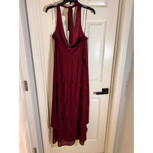 American Threads Burgundy Ruffle‎ Halter Midi Dress Wine Red Tiered V-Neck Small thumbnail 6
