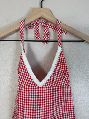 Edikted Charmaine Open Back Gingham Halter Top Red White Small NEW $31 thumbnail 7