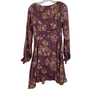 Free People $128 Morning Light Purple Plum Fall Floral V-Neck L/S Mini Dress 8 thumbnail 3