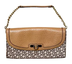 DKNY Shoulder Bag Brown Monogram Logo Pebbled Leather Y2K Baguette Women‎ Small thumbnail 1