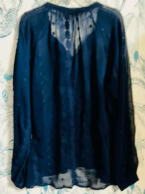 Democracy Navy Blue Sheer Embroidered V-Neck Blouse thumbnail 2