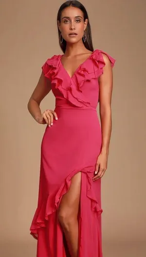 Lulus Love From Above Pink Ruffled Surplice Maxi Dress. thumbnail 1