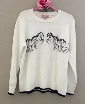Philosophy White Crewneck Sweater with chocolate brown Horse Embroidery thumbnail 1