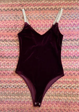 Maroon Velvet Rhinestone Strap Bodysuit One Piece thumbnail 1