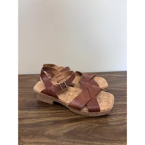 Korks Brown Faux Leather Cork‎ Platform Wedge Sandals Square Toe Womens 9M thumbnail 5