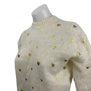 SEZANE Cinta Women's Cream Wool Gold Heart Long Sleeve Sweatshirt Sweater Top M thumbnail 2