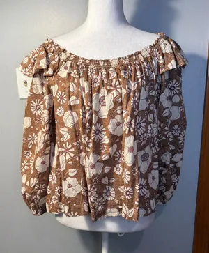 Free People Miss Daisy 100% cotton Brown‎ Floral Off Shoulder Smocked Blouse M thumbnail 1