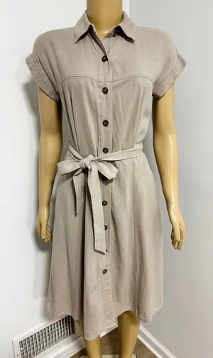 Calvin Klein Womens Tan Beige Linen Blend Button Front Belted Shirt Dress Size 4 thumbnail 1