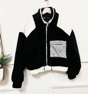 ZARA Contrast Pocket Fleece Jacket Black White Leopard Size M thumbnail 2
