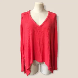 Free People Sunset Park Thermal Oversized Waffle Knit Red Coral Long Sleeve Boho thumbnail 3