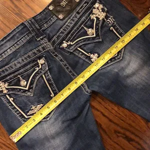 MISS ME Dark Wash Embellished Boot Cut Denim Low Rise Jeans Size 28x31 TAG 28x34 thumbnail 8