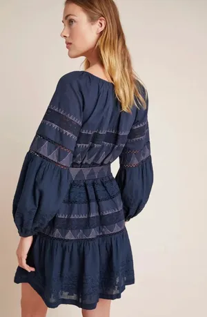 By Anthropologie Skye Embroidered Navy Blue Purple Tie Mini Dress Women's XS thumbnail 2