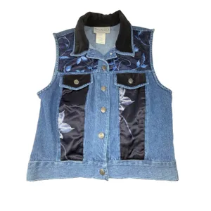 Vintage 1990s Stonebridge blue Floral velvet Satin denim Vest & Skirt Set Size S thumbnail 2
