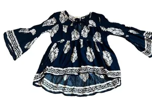 Altar'd State Blue Tan‎ Boho Print Bell Sleeve High Low Front Tie Top XS Flowy thumbnail 1