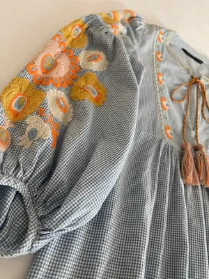 ZARA Woman Boho Embroidered Gingham Blouse - light Blue & White thumbnail 5