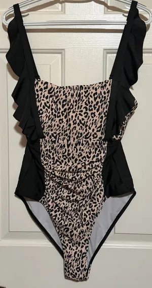 Womens Black Tan Animal Print Ruffled Ruched Sides One Piece Padded Bra Size 0XL thumbnail 1