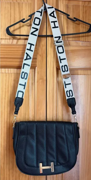 Halston Black Pebbled Faux Leather Crossbody Shoulder Bag Logo Strap Gold Tone thumbnail 1