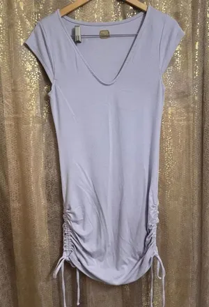 Free People Lavender Mini Ruched V neck Soft Comfy Dress Large thumbnail 1