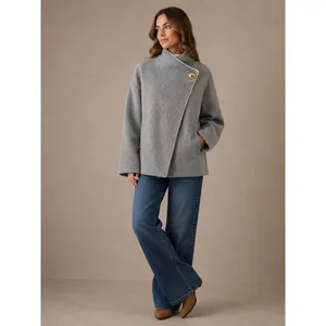 Zara Women Short Coat S Gray Asymmetric High Neck Gold Button Felted Jacket thumbnail 4
